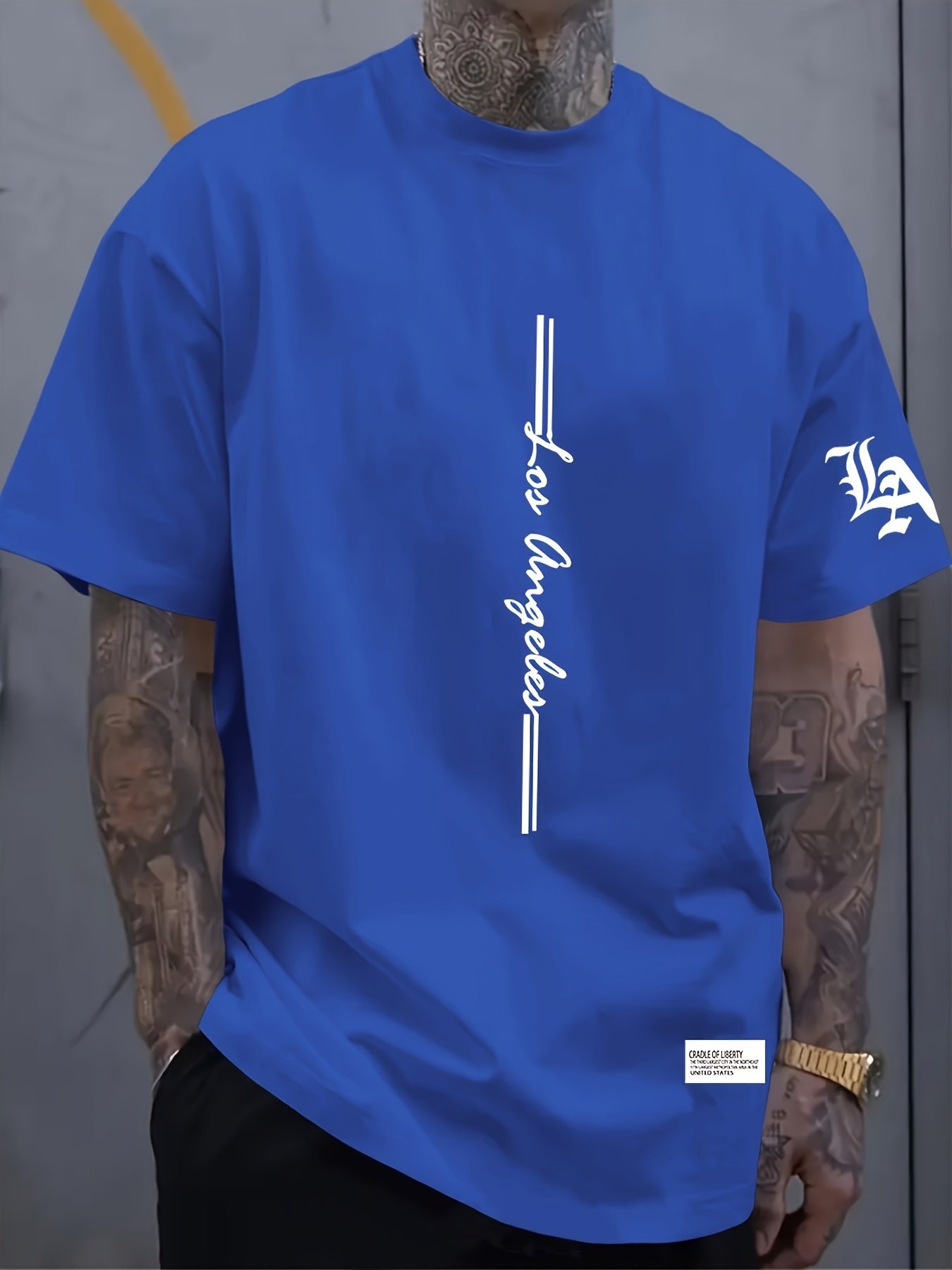 product-fancy-6acc517a-4518-4bac-b7dd-c114a22cebfe.jpg Men'S Summer New Arrival Los Angeles Fashion Line "La" Print Loose Fit Round Neck Short-Sleeve T-Shirt, Ideal For Outdoor Sports, Running, Fitness, Themed Parties, And Casual Outings, Soft Polyester Blend, Machine Washable - Image 1