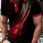 Plus Size Men'S Golf T-Shirt, Popular Retro Style Blue Lines Geometric Elements Design Print Short Sleeve Tennis Tees For Summer, Casual Trendy Tops For Males, Leisurewear For Big & Tall Guys