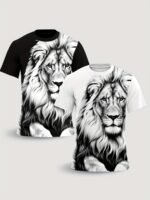 Men'S Casual Black & White Lion Graphic T-Shirt - Short Sleeve, Round Neck, Comfortable Polyester Blend, Summer Style, Versatile For Casual Attire, Everyday Tshirt | Graphic Tee | Durable Print - Image 2