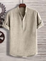 Men'S Solid Color Henley Collar Short Sleeve Shirt, Plus Size - Image 4