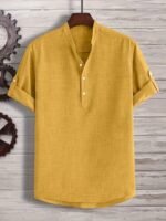Men'S Solid Color Henley Collar Short Sleeve Shirt, Plus Size - Image 3