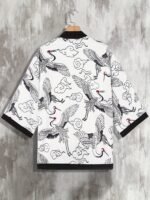 Men'S Lightweight Summer Kimono Cardigan With Black & White Crane And Wave Print, 3/4 Sleeve Casual Polyester Shirt For Adults - Image 4