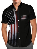 Men'S Casual Polyester Shirt With American Flag Print, Button Front, Lapel Collar, Regular Fit, Woven Fabric, Spring/Summer Top - 100% Polyester, 110Gsm, Plus Size