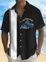 Men'S Plus Size Vintage Car Graphic Button-Up Shirt - Blue & White Checkered, Short Sleeve, Casual Summer Shirt With Front Pocket, Casual Summer Wear|Vintage Car Print|Short Sleeve Shirt - Image 4