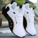 1 Pair Mainalun Men'S Breathable Training Sneakers With Inner Height Increase, Lightweight Lace-Up Low-Top Shoes For Running, Outdoor & Casual Wear - White & Black With Golden Accents, Plus Sizes Available, Gym Shoes, Athletic Footwear, Sporty Look, Durable Pvc Sole - Image 3