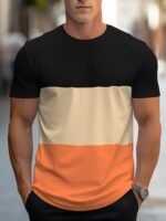Men'S Simple Color-Blocked T-Shirt, Regular Fit For Summer.