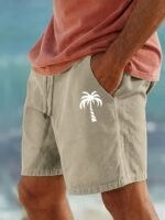 Men'S Cotton Shorts With Drawstring, Casual Palm Tree Print, All-Season, Non-Stretch Woven Fabric, Button Detail, Regular Fit, 110Gsm - Summer Beachwear, Plus Size - Image 4
