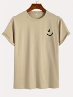 Men'S 100% Cotton White T-Shirt With Joyful Face Print - Minimalist Round Neck Short Sleeve Casual Casual Attire, Soft Breathable Fabric, Left Chest Joyful Face Design, Minimalist White Tee For Men, Versatile For Casual & Formal Outfits, Hand Washable, Regular Fit, Plain White With Joyful Face Graphic, Smooth Texture, No Stretch Fabric, Basic Style For Layering, Suitable For Casual Attire, Round Neck T Shirt For Men, T Shirt For Men High Quality, Funny T Shirts, - Image 3