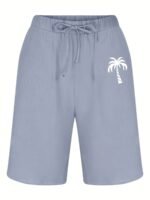 Men'S Cotton Shorts With Drawstring, Casual Palm Tree Print, All-Season, Non-Stretch Woven Fabric, Button Detail, Regular Fit, 110Gsm - Summer Beachwear, Plus Size - Image 7