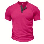 A Piece Ofplus-Size Men'S Loose Solid Color Henry Shirt, Round Neck Half-Button Short-Sleeved Shirt, Suitable For Summer Outdoor Activities, Plus Size