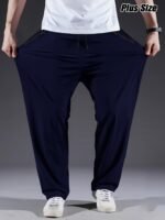 Men'S Plus Size Polyester Sports Pants - 100% Polyester, Casual Style, Slight Stretch Fabric, Solid Color, Spring/Summer, Regular Fit, Adult Weekend Casual Trousers With Woven Technique