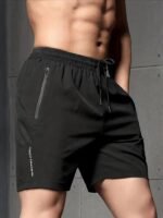 Men'S Casual Black Drawstring Shorts With Zipper Pockets - Lightweight Polyester, Letter Print, Ideal For Summer Workouts & Beach Activities - Image 7