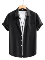 Men'S Casual Short Sleeve Button-Up Shirt - Wrinkle-Resistant Polyester, Dark Gray With Collar & Chest Pocket, Lightweight Summer Wear For Everyday Use, Everyday Shirt | Modern Casual Style | Polyester Fabric, Short Sleeve Tops, Plus Size - Image 4