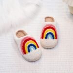 Kids Winter Plush Slippers, Embroidered Rainbow Stripes, Warm Lightweight Breathable Fabric, Round Toe Low Top Tpr Sole, Casual Fashion Slip-On Shoes For Boys & Girls, 14 And Under - Fall/Winter Collection, Thick - Image 4