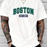 Men'S Boston Est. 1997 Graphic Print T-Shirt, Casual Crew Neck Short Sleeve Tee With Slight Stretch, Regular Fit, Letter Pattern Design, Perfect For Sports Or Leisure Activities, Leisure Clothing | Trendy Crew Neck | Versatile Style