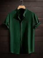 Men'S Summer Breeze Green Short-Sleeve Button-Up Shirt - Casual, Breathable Polyester With Stand Collar, Ideal For Daily Wear & Beach Vacations