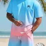 Men'S Fashion Crewneck Short-Sleeved Shorts Two-Piece Set, 3D Digital Printing Hd Pattern, Summer Leisure And Comfortable Vacation Sports Men'S Wear