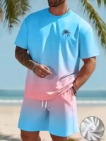 Men'S Fashion Crewneck Short-Sleeved Shorts Two-Piece Set, 3D Digital Printing Hd Pattern, Summer Leisure And Comfortable Vacation Sports Men'S Wear