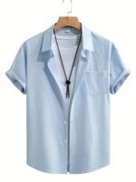 Men'S Casual Short Sleeve Button-Up Shirt - Wrinkle-Resistant Polyester, Dark Gray With Collar & Chest Pocket, Lightweight Summer Wear For Everyday Use, Everyday Shirt | Modern Casual Style | Polyester Fabric, Short Sleeve Tops, Plus Size - Image 5