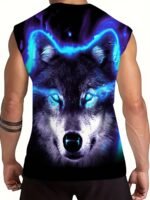 Men'S Oversized Wolf Print Sleeveless T-Shirt - Neon Blue & Black Wolf Howling At Camera Design, Breathable Sleeveless Gym Shirt For Summer Fitness, Basketball Training, Casual & Night Out - Comfortable Round Neck Muscle Shirt For Men With Wolf Graphic, Machine Washable, Relaxed Fit, Stylish & Functional For Warm Weather, Ideal For Workouts And Casual Wear, Plus Size - Image 6