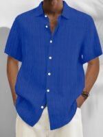 Men'S Royal Blue Casual Button-Up Shirt - Short Sleeve, Ribbed Texture Fabric, Classic Collar, Summer Wear, Machine Washable, Plus Size