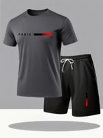 Paris Gradient Letter Print Men'S Two-Piece Set: Crew Neck Short Sleeve T-Shirt And Drawstring Shorts Summer Casual Sportswear - Image 5