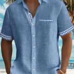 Men'S Casual Short Sleeve Shirt With Plaid Print & Tropical Palm Tree Graphic - Breathable Button-Up Shirt With Pockets, Machine Washable Summer Shirt For Beach & Casual Outings, Plus Size