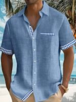 Men'S Casual Short Sleeve Shirt With Plaid Print & Tropical Palm Tree Graphic - Breathable Button-Up Shirt With Pockets, Machine Washable Summer Shirt For Beach & Casual Outings, Plus Size