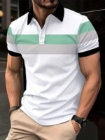 Men'S Casual Polo Shirt, Oversized Short Sleeve, Regular Fit, Fashionable Patchwork Lines Design, 95% Polyester 5% Spandex, Slight Stretch Knit Fabric, All Season Lapel Collar Top, Plus Size - Image 2