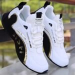 1 Pair Mainalun Men'S Breathable Training Sneakers With Inner Height Increase, Lightweight Lace-Up Low-Top Shoes For Running, Outdoor & Casual Wear - White & Black With Golden Accents, Plus Sizes Available, Gym Shoes, Athletic Footwear, Sporty Look, Durable Pvc Sole