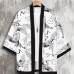 Men'S Lightweight Summer Kimono Cardigan With Black & White Crane And Wave Print, 3/4 Sleeve Casual Polyester Shirt For Adults