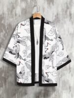 Men'S Lightweight Summer Kimono Cardigan With Black & White Crane And Wave Print, 3/4 Sleeve Casual Polyester Shirt For Adults