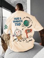 Men'S Space-Themed Graphic Tee - "Take A Romantic Trip" With Astronaut & Planets Design, Light Blue Casual Short Sleeve T-Shirt, Summer Streetwear, Space T Shirt - Image 3