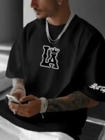 Men'S Plus Size Los Angeles Graphic Print T-Shirt - 3D Crown Design, Stretch Polyester-Spandex Blend, Lightweight 150Gsm, Machine Washable Casual Streetwear Tee, Sporty Tshirt | Urban Fashion | Smooth Texture Shirt, Plus Size - Image 3