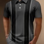 Men'S Vintage Bowling Stripe Print Shirt - Plus Size, Button-Up Short Sleeve With Collar, Breathable Polyester, Perfect For Summer, Plus Size