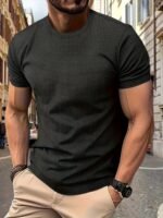 Men'S Performance T-Shirt - Solid Color Dark Blue, Active Short Sleeve Crew Neck Tee, Stretchy Nylon Blend, Ideal For Outdoor Activities, Summer Wear - Image 4