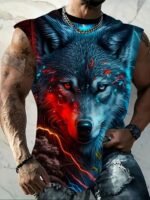 Men'S Oversized Wolf Print Sleeveless T-Shirt - Neon Blue & Black Wolf Howling At Camera Design, Breathable Sleeveless Gym Shirt For Summer Fitness, Basketball Training, Casual & Night Out - Comfortable Round Neck Muscle Shirt For Men With Wolf Graphic, Machine Washable, Relaxed Fit, Stylish & Functional For Warm Weather, Ideal For Workouts And Casual Wear, Plus Size - Image 3