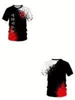 Men'S Large Size T-Shirt, White, Red And Black Geometric Pattern Short Sleeve, Round Neck, Sports Fashion, Soft, Breathable, Comfortable, Suitable For Running And Weekends, Valentine'S Day Gift, New Year Gift, 2025, Plus Size - Image 4