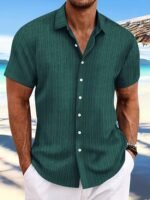 Resort Casual Men'S Plus Size Casual Solid Blue Button-Up Short Sleeve Shirt - Lightweight Polyester, Ribbed Texture, Machine Washable For Summer Comfort, Plus Size - Image 5