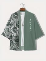 Men'S Lightweight Summer Kimono Cardigan With Black & White Crane And Wave Print, 3/4 Sleeve Casual Polyester Shirt For Adults - Image 3