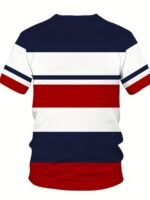 Plus Size Men'S 3D Graphic Tee - Casual & Sporty, Navy Blue/White/Red Striped Print, Round Neck, Short Sleeve, Polyester Blend, Machine Washable, Plus Size - Image 5
