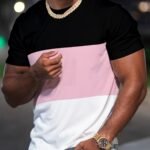 Mbdmbd Men'S Slim Fit Color Block T-Shirt - Casual, Stretchy Polyester Blend, Crew Neck, Machine Washable - Summer Essential In Black, Pink, And White