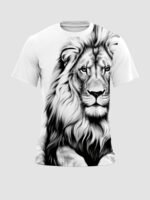 Men'S Casual Black & White Lion Graphic T-Shirt - Short Sleeve, Round Neck, Comfortable Polyester Blend, Summer Style, Versatile For Casual Attire, Everyday Tshirt | Graphic Tee | Durable Print - Image 4