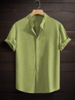 Men'S Summer Breeze Green Short-Sleeve Button-Up Shirt - Casual, Breathable Polyester With Stand Collar, Ideal For Daily Wear & Beach Vacations - Image 7