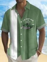 Men'S Plus Size Vintage Car Graphic Button-Up Shirt - Blue & White Checkered, Short Sleeve, Casual Summer Shirt With Front Pocket, Casual Summer Wear|Vintage Car Print|Short Sleeve Shirt - Image 3