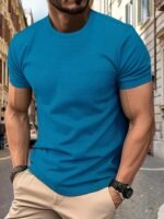 Men'S Performance T-Shirt - Solid Color Dark Blue, Active Short Sleeve Crew Neck Tee, Stretchy Nylon Blend, Ideal For Outdoor Activities, Summer Wear - Image 8