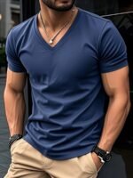 Men'S V-Neck Short Sleeve T-Shirt - Lightweight & Breathable, Casual Fit, Solid Black, Perfect For Summer, High-Quality Knit Fabric, Everyday Tshirt | Casual Style | Comfortable Fit - Image 7