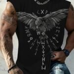 Men'S Casual Sleeveless T-Shirt, Oversized Print Comfortable Breathable Vest, Summer Fitness Training Basketball Sports Vest, Crew Neck, Regular Fit, Knit Fabric, 95% Polyester 5% Spandex, 150G/M? - Black, Plus Size