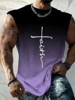 Men'S Plus Size Gradient "Faith" Print Tank Top - Breathable & Stretchy Sleeveless Shirt For Summer Fitness, Training & Casual Wear, Black To Teal Design, Summer Tank Tops, Plus Size - Image 4