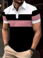 Men'S Casual Polo Shirt, Oversized Short Sleeve, Regular Fit, Fashionable Patchwork Lines Design, 95% Polyester 5% Spandex, Slight Stretch Knit Fabric, All Season Lapel Collar Top, Plus Size - Image 3